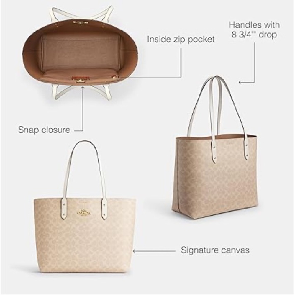 Coach Town Tote Bag In Signature Canvas Reversible NWT Light Khaki Chalk F76636 - Picture 2 of 7
